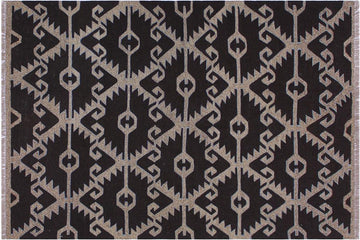Flat Weave Kilim, Antique, Navaho, Vintage, Handmade, Modern Kilim Brown Gray Hand-Woven Rectangle 100% Wool Area Rug 5 x 6